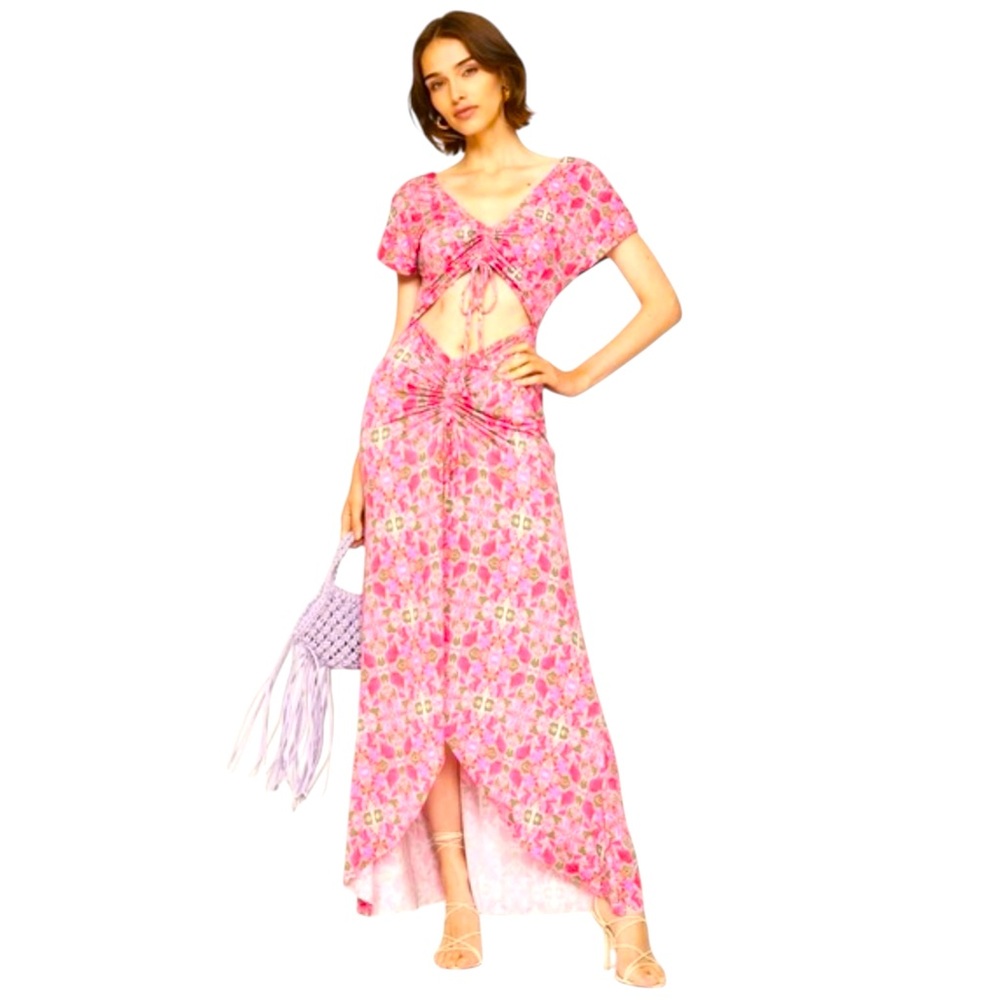 Misa Los Angeles Carlotta size medium Ruched Maxi Dress Floral Pink cutout